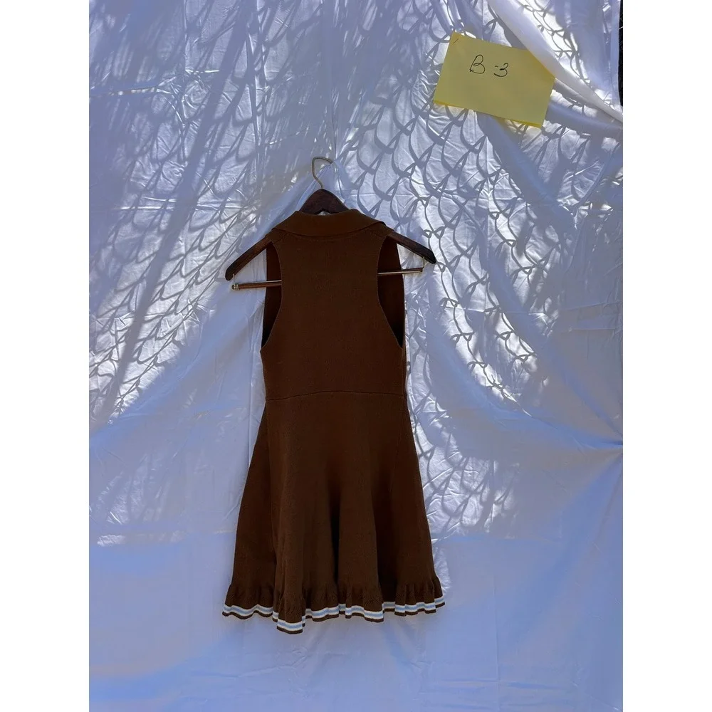 Free People Brown Knit Collared V-Neck Sleeveless Dress Ruffled Hem XS